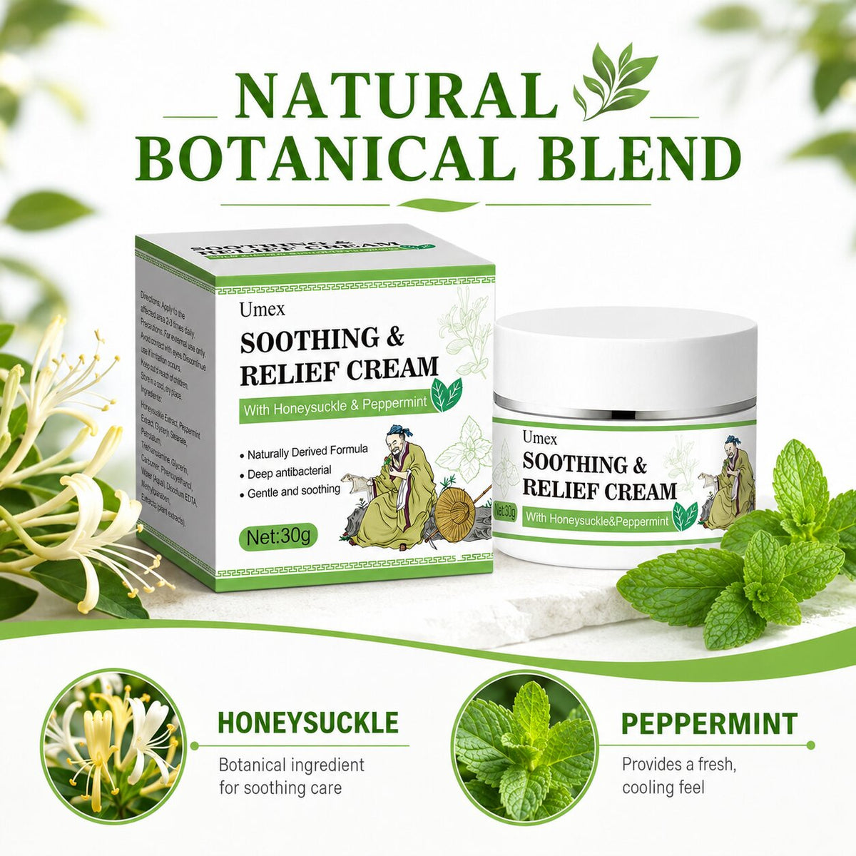 𝐎𝐟𝐟𝐢𝐜𝐢𝐚𝐥 𝐁𝐫𝐚𝐧𝐝 𝐒𝐭𝐨𝐫𝐞 |🧿Umex®  Soothing & Relief Cream with Honeysuckle & Peppermint 30g 100% Natural Plant